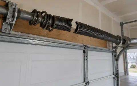 A torsion spring above a garage door, broken clean through with a gap in the coil
